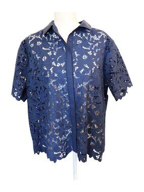 Johnny Was Kitt Lace Button Down Shirt in Navy Peony, XL NWT NO CAMI